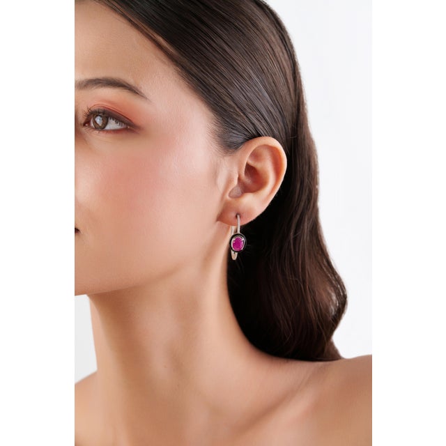 Ruby Red Art Deco 14k White Gold 3.19ct Ruby, Diamond & Black Enamel Hoop Earrings- A Pair For Sale - Image 8 of 16