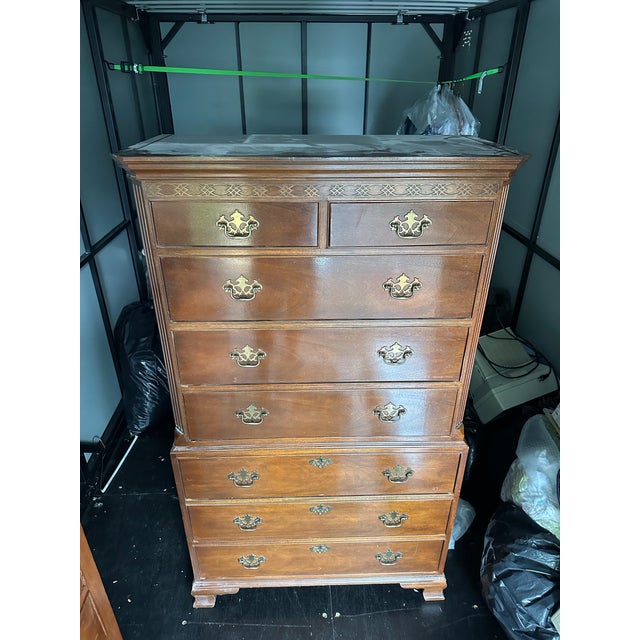 Vintage Baker Furniture Chest on Chest Highboy Dresser Brass 7 Drawer For Sale - Image 11 of 12