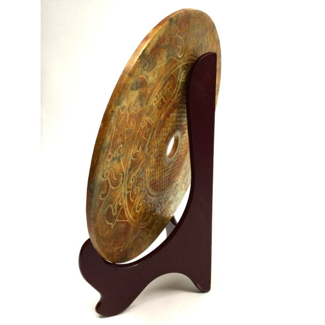 Chinese Antique Shang Dynasty Hetian Umber Jade Nephrite Dragon Beast Yu Bi With Wood Stand For Sale - Image 9 of 12