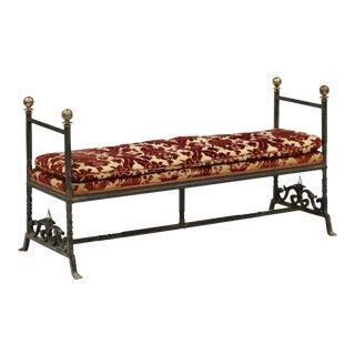 Vintage Spanish Wrought Iron and Brass Upholstered Bench For Sale