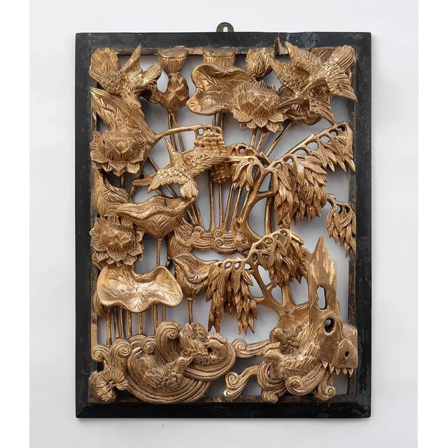Vintage Chinese Gilded Hand-Carved Wood Relief Panel of Birds and Flowers For Sale - Image 12 of 12