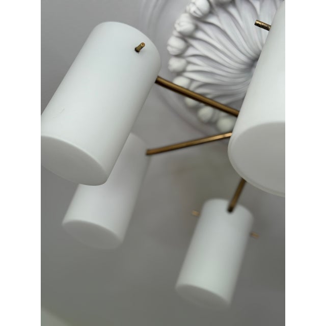 Mid-Century Modern Swedish Semi Flush Mount Chandelier in Brass and Opaline Glass by Gert Nystrom for Fagerhult and Orrefors, 1960 For Sale - Image 6 of 11