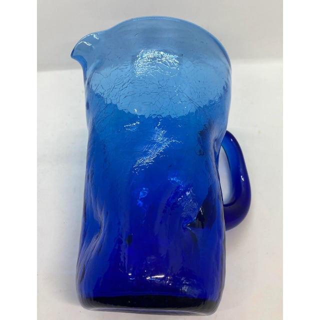 Glass Mid-Century West Virginia Bischoff Glass Company Cobalt Blue Crackle Glass Pitcher For Sale - Image 7 of 12