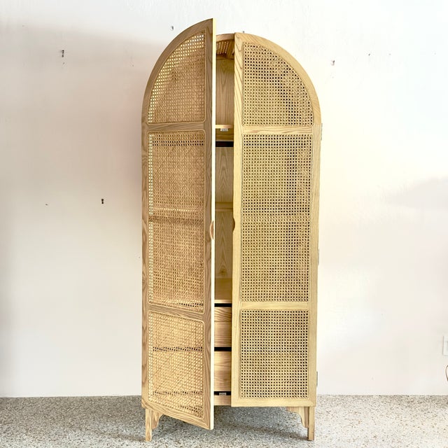 Boho-Chic Arched Natural Rattan & Solid Wood Double-Door Wardrobe Armoire For Sale - Image 4 of 18