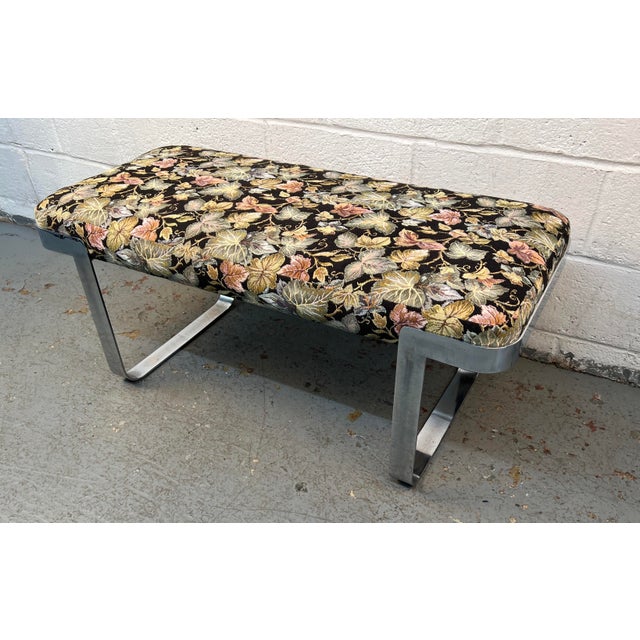 Mid 20th Century Milo Baughman Style Floral Upholstered Chrome Bench For Sale - Image 4 of 9