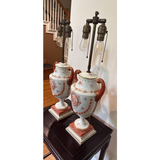 Pair 18th C Chinese Export Porcelain Pistol Handle Urn Vases Mounted as Lamps For Sale In Charlotte - Image 6 of 12