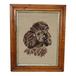 Vintage Mid-20th Century Hand-Stitched Needlepoint Poodle Portrait in Wood Frame For Sale