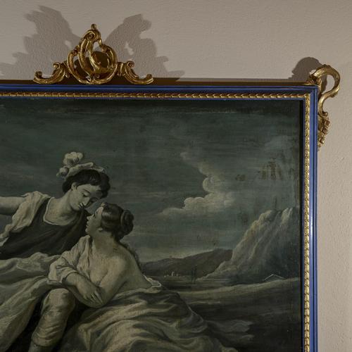 This refined oil painting on canvas depicts a classic "gallant scene," a pictorial style highly prized in antiques for its...