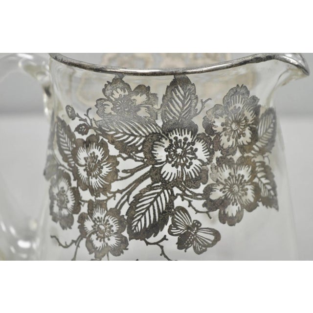 Mid 20th Century Vintage Art Nouveau Floral Sterling Silver Overlay Crystal Glass Water Pitcher For Sale - Image 5 of 11