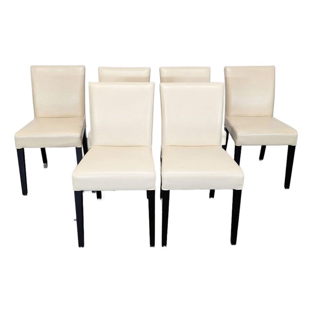 Set of Six Crate & Barrel Lowe Ivory Leather Dining Chairs For Sale