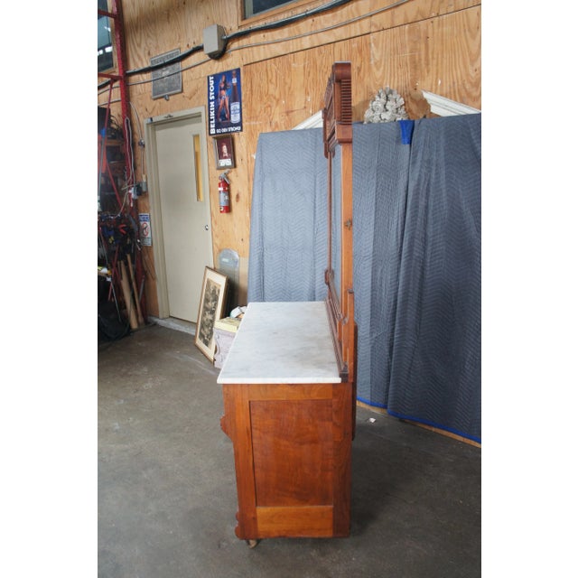 Antique Victorian Eastlake Walnut Burl Marble Top Dresser & Mirror Vanity Chest For Sale - Image 6 of 15