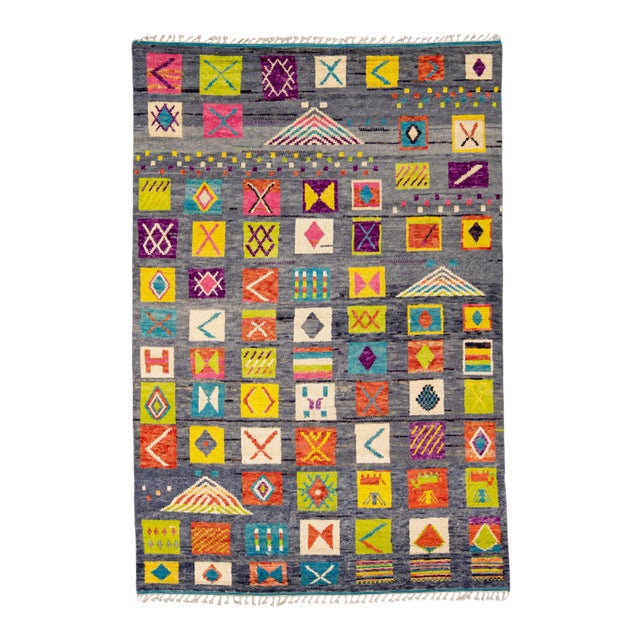 Modern Moroccan Style Handmade Allover Pattern Multicolor Boho Wool Rug For Sale
