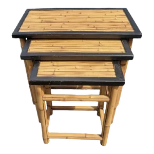 Vintage Real Bamboo Black Trim Regency Style Nesting Tables Set of 3