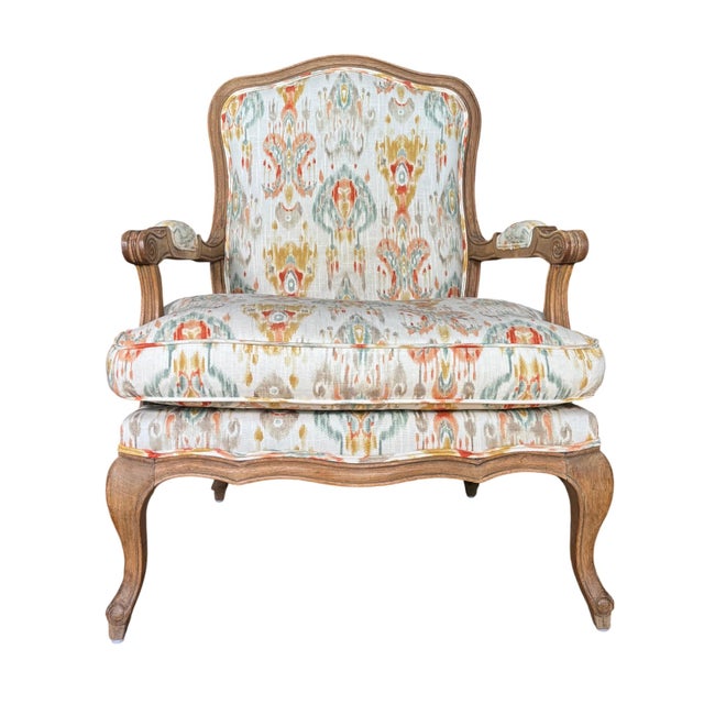 Louis XV-Style French Provincial Fauteuil in Custom Ikat Upholstery For Sale - Image 4 of 18
