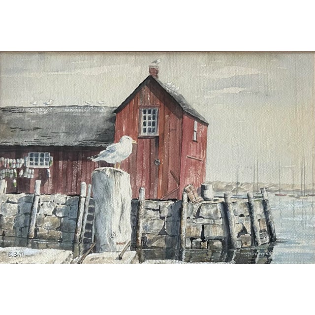 Vintage Original Watercolor of Seagull on Dock Coastal Landscape For Sale - Image 4 of 9