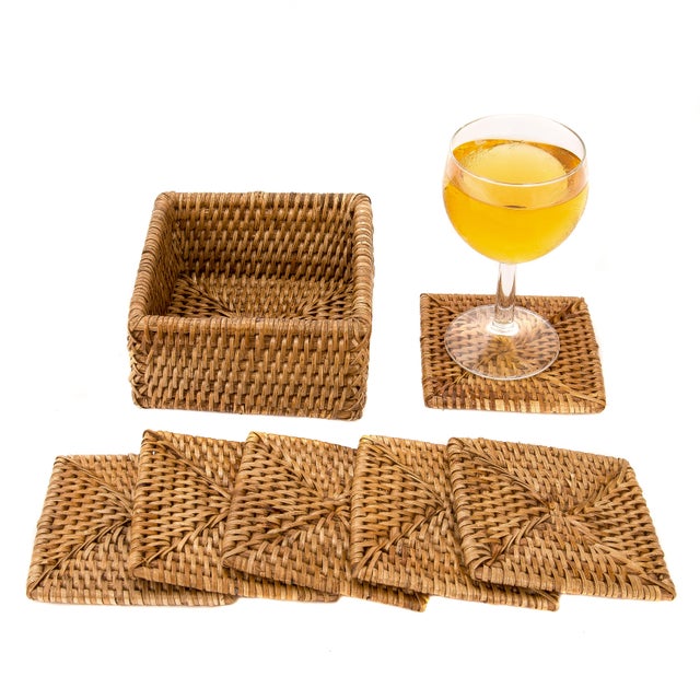 Boho Chic Artifacts Rattan 6 Piece Square Coasters With Box For Sale - Image 3 of 3