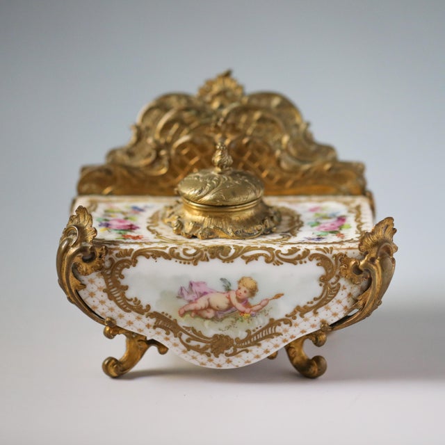 Late 19th Century Sèvres French Porcelain & Gilt Bronze Inkwell Letter Holder, C. 1880 For Sale - Image 5 of 13