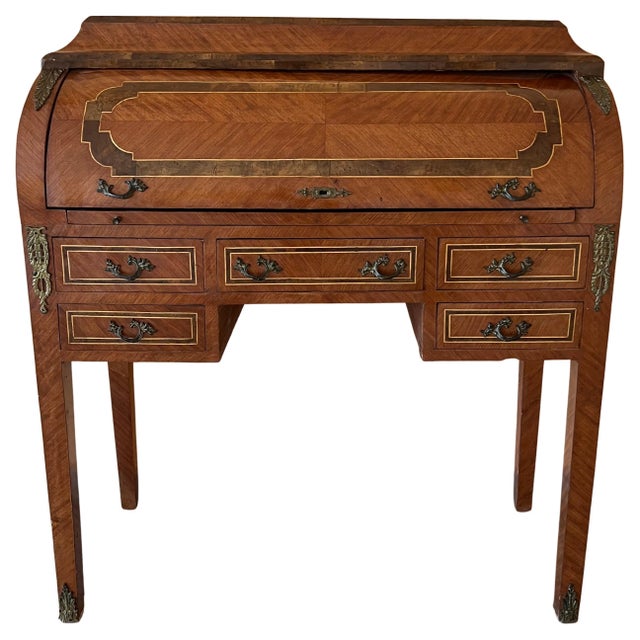 Sheraton Revival Cylinder Bureau, writing Desk with marquetry, circa 1890 For Sale - Image 15 of 18