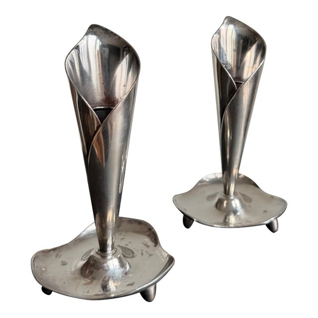 Hans Jensen Danish Modern Calla Lily Silverplate Candlesticks, Pair For Sale