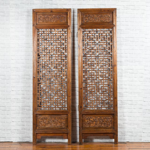Chinese 19th Century Screens with Fretwork and Low-Relief Carved Panels - A Pair For Sale - Image 9 of 12