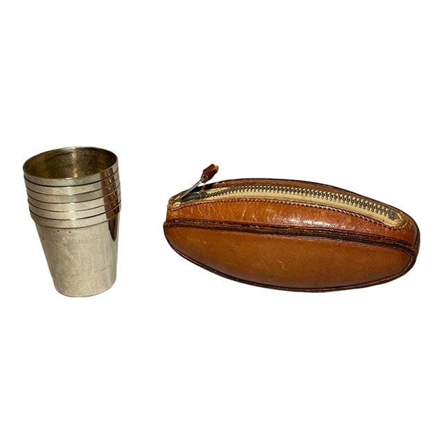 Vintage German Handmade Leather Football Metal Shot Glass Barware Set Case - 8pcs For Sale