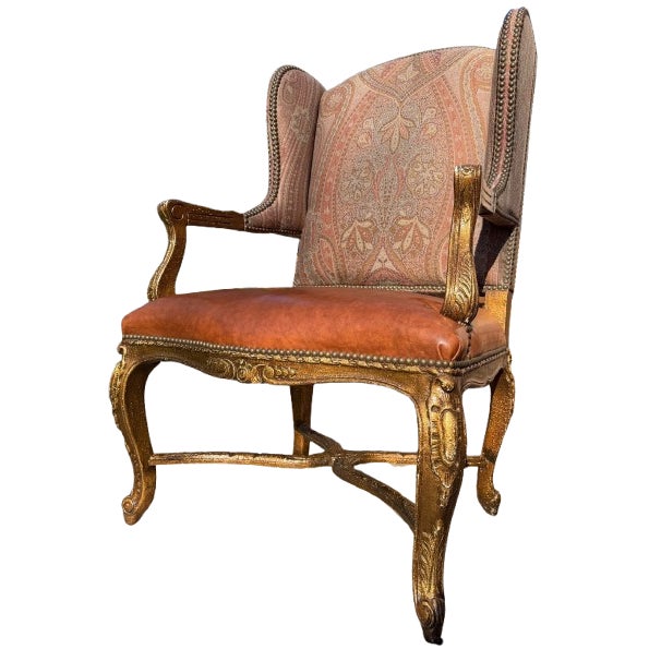 A Pair of Custom Ralph Lauren Wingback Lounge Chairs Upholstered in Leather and Paisley For Sale - Image 12 of 18