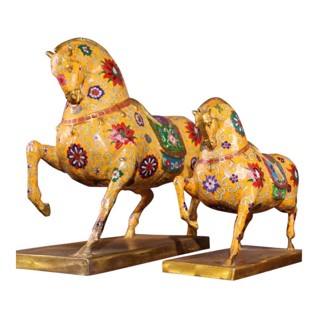 Pair of Gilt Bronze Cloisonné Enamel Horse Figures For Sale