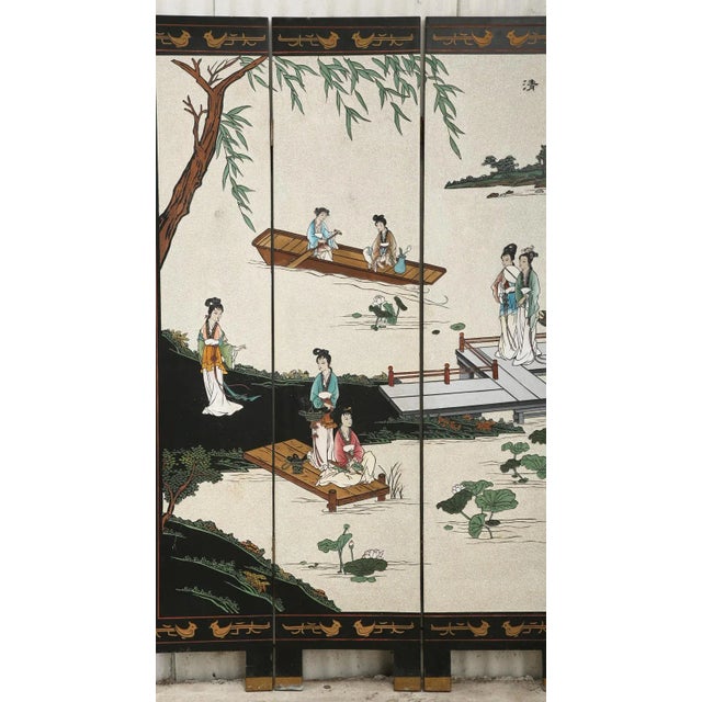 Chinese Export Four Panel Coromandel Screen Pearlescent Landscape For Sale - Image 4 of 13