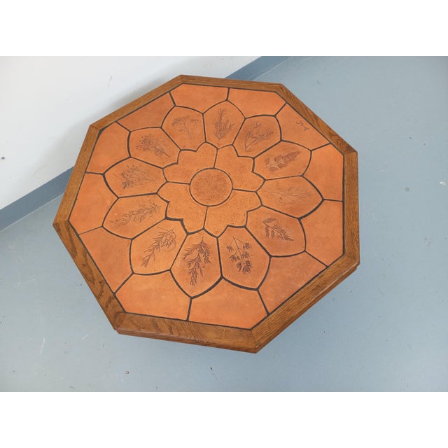 Tan Octagonal Oak Coffee Table from Barrois with Vallauris Ceramic Herbarium Top, 1960s For Sale - Image 8 of 17