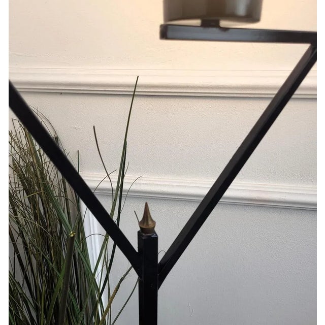 Mid-Century Art Deco Italian Black Metal Gilt Brass Opaline Glass Floor Lamp, 1950s For Sale - Image 6 of 9