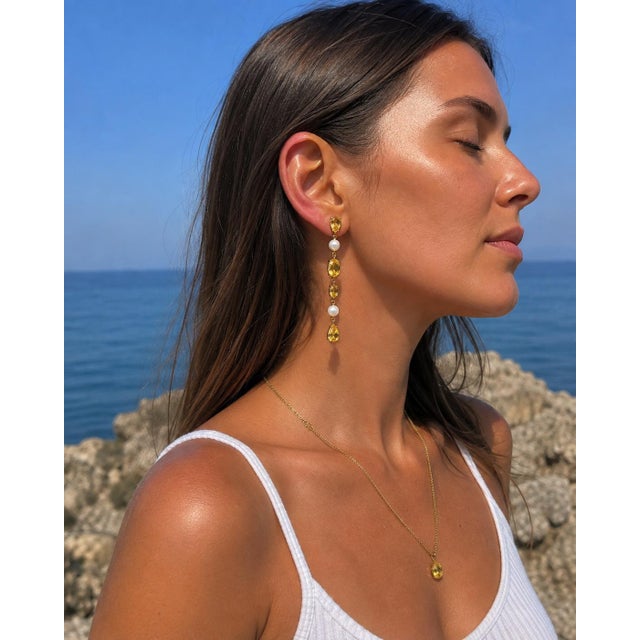 Citrine & Pearl Drop Multi-Shape Earrings, Silver, Gold, Pair For Sale - Image 6 of 8