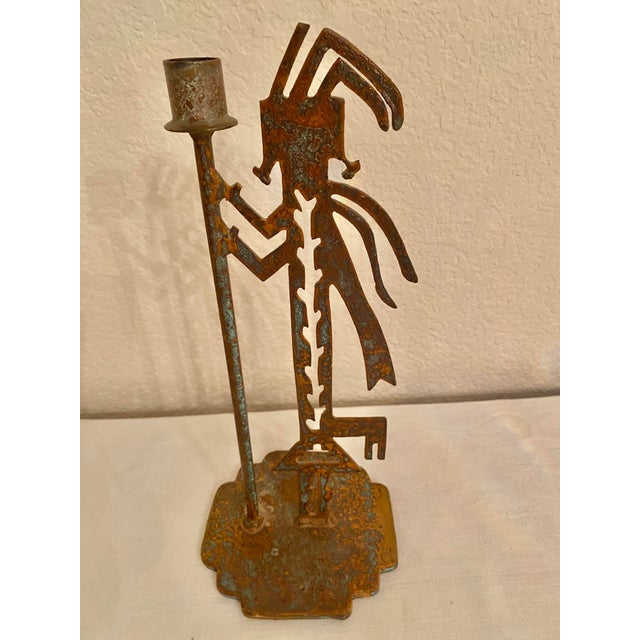Vintage Native American Tribal Deity Figure Kokopelli Signed Sculptural Patina Metal Candle Holder For Sale - Image 12 of 14