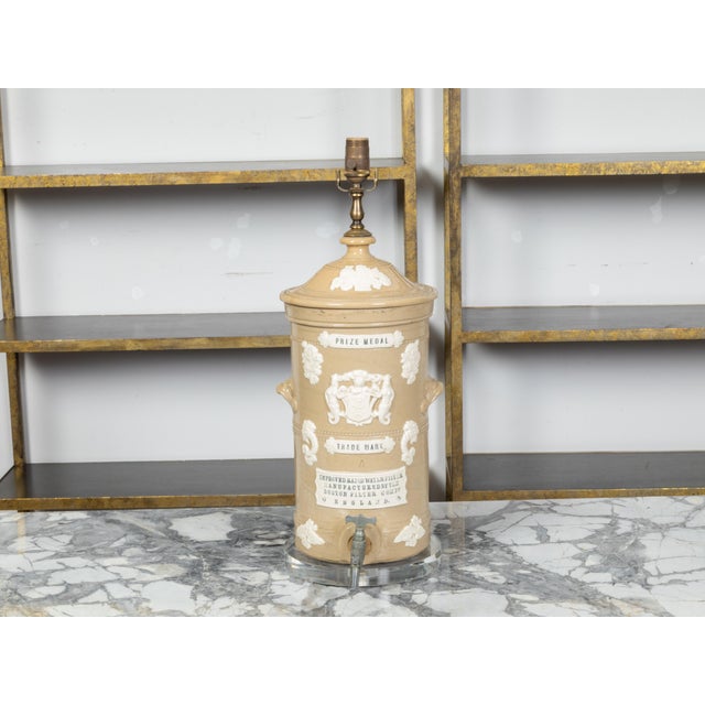 19th Century English Cream Glazed Stoneware Water Filter Made into a Wired Lamp For Sale - Image 4 of 11