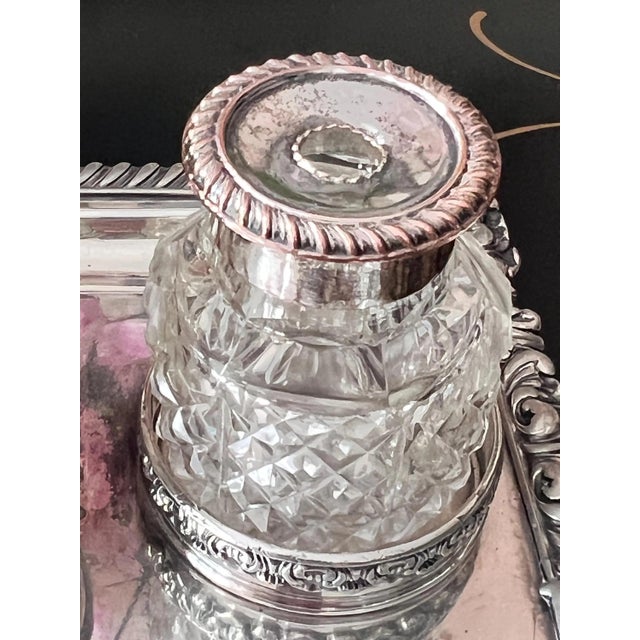 Set of 4, Antique silverplate inkwell stand with crystal diamond cut inkwells // pen and ink // desk accessory // silver on copper For Sale - Image 4 of 15
