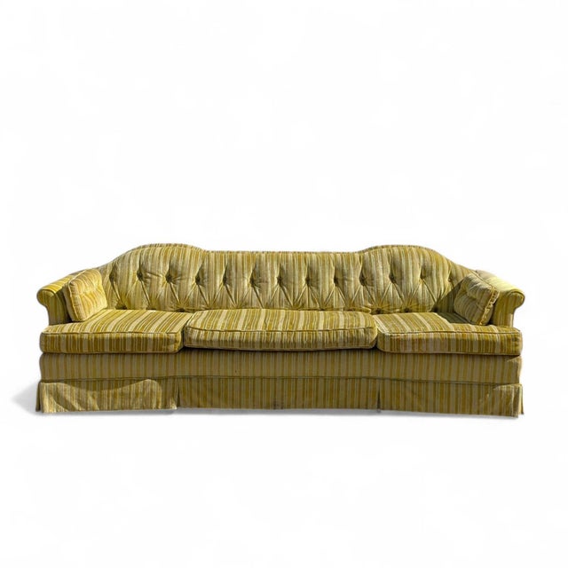Vintage 96” Tufted Striped Sofa – Mid-Century Curved Back Couch, Cleaned + New Foam Included, Unique Hollywood Regenc... For Sale - Image 15 of 18