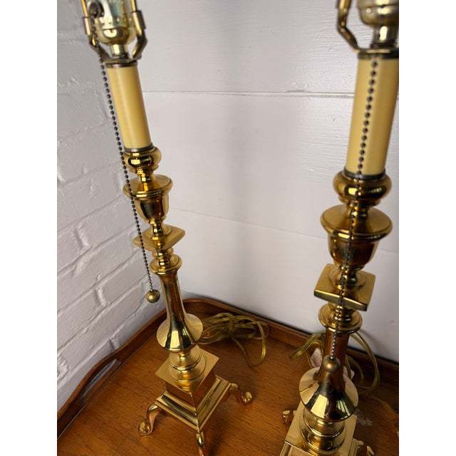 Mid 20th Century Tall Brass Footed Lamps - a Pair For Sale - Image 4 of 13