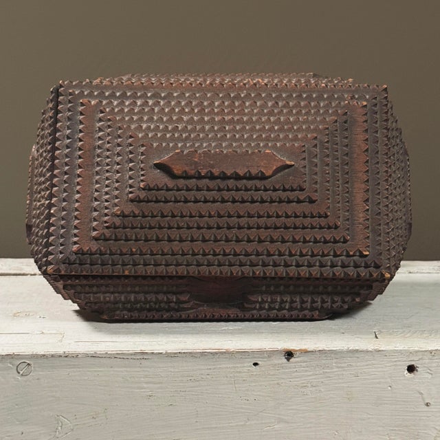 Antique Folk Art Tramp Art Box on Pedestal Base With Red Velvet Lining For Sale In Philadelphia - Image 6 of 10