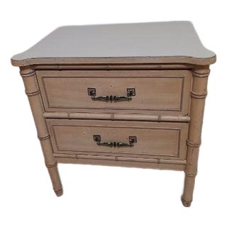 1970s Hollywood Regency Wood Faux Bamboo Nightstand Beige 2 Drawer For Sale