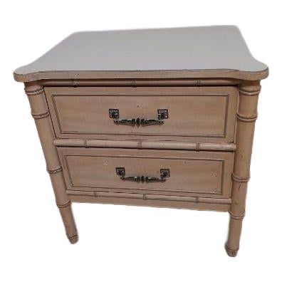 1970s Hollywood Regency Wood Faux Bamboo Nightstand Beige 2 Drawer For Sale
