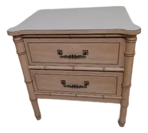 1970s Hollywood Regency Wood Faux Bamboo Nightstand Beige 2 Drawer