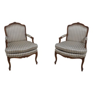Pair Baker French Louis XV Style Bergere Armchairs For Sale