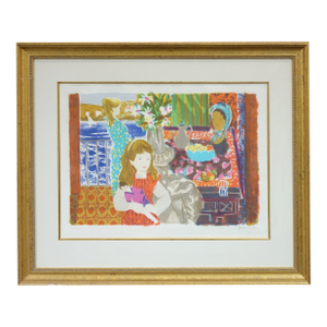 "Sunlight Through Patterned Curtains" - Mid 20th Century Lithograph Signed at the Bottom, Framed