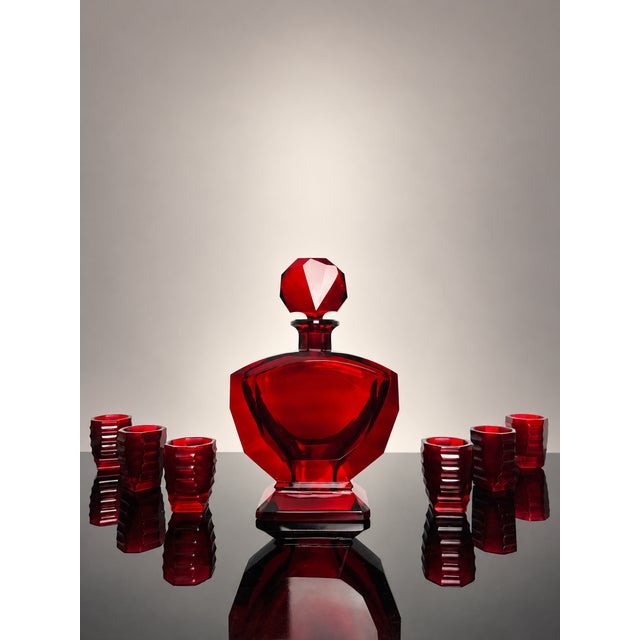 Art Deco Ruby Red Glass Decanter with Six Shot Glasses from Moser, Czechoslovakia, 1930, Set of 7 For Sale - Image 12 of 12