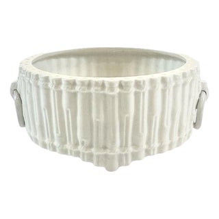 Vintage Italian White Faux Bamboo Glazed Ceramic Cache Pot / Cachepot / Jardinere/ Planter With Ring Handles by Mottahedeh, Circa 1960 For Sale