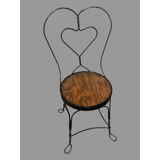 3 Piece Vintage Twisted Iron & Oak Ice Cream Parlor Set Table & 2 Chairs For Sale - Image 4 of 9