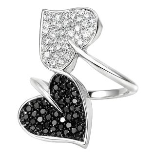 10K White Gold Pave Black Diamond Leaf Heart Ring For Sale