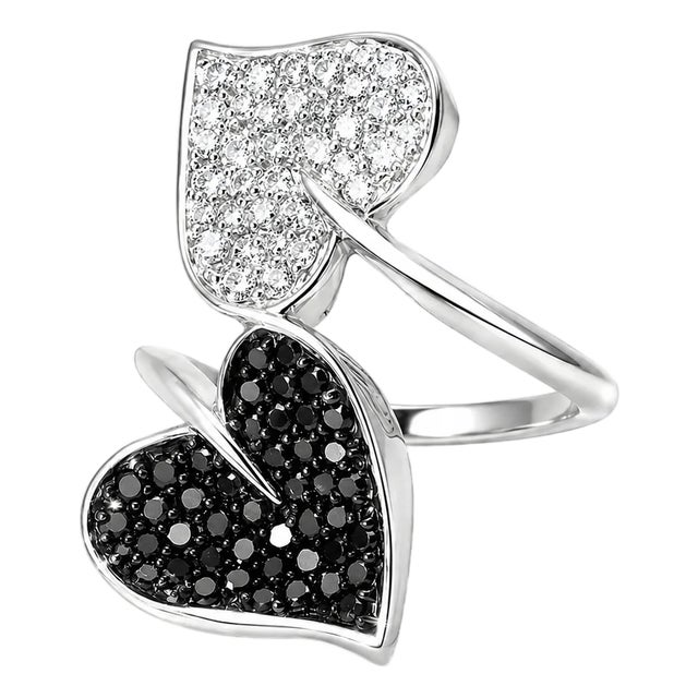 10K White Gold Pave Black Diamond Leaf Heart Ring For Sale