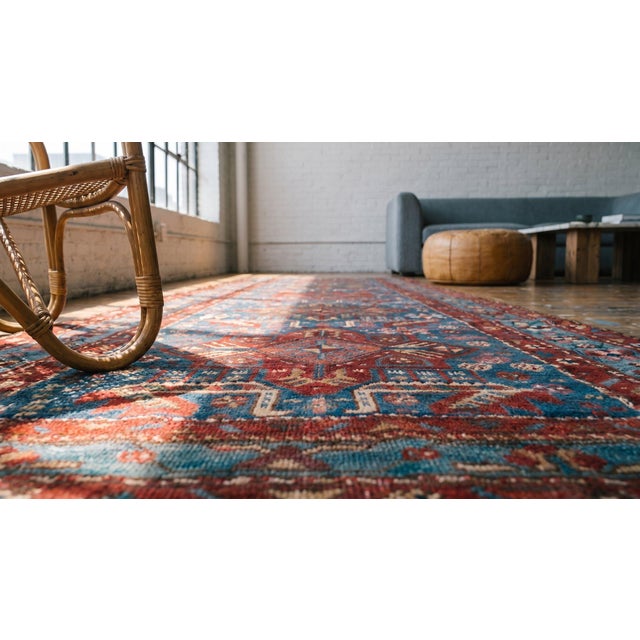 Textile 1930s Blue Geometric Caucasian Akstafa Runner Runner Rug 3'7" X 11'3" Wool Handknotted Carpet For Sale - Image 7 of 8