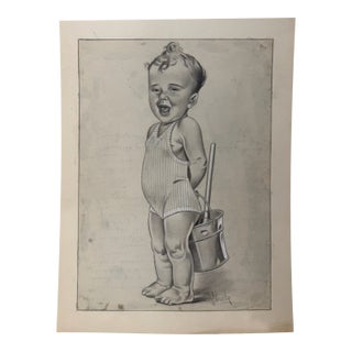 1940s Original Signed Graphite Illustration of Laughing Toddler With Bucket, 11.5 × 8.75 In. For Sale