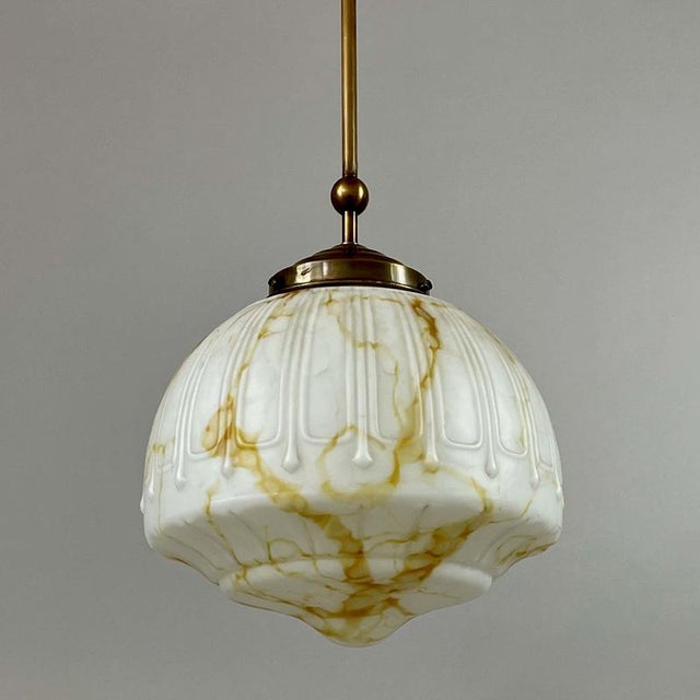 Art Deco Marbled Opaline Glass and Brass Pendant Light, Germany, 1930s For Sale - Image 4 of 18